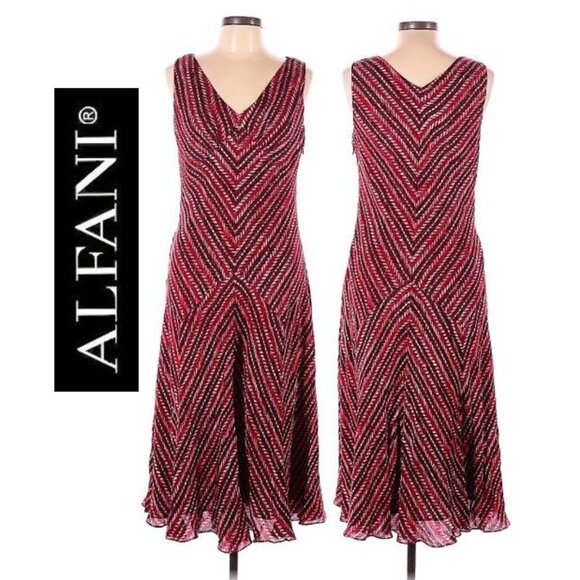 ALFANI - 100% silk sleeveless red herringbone print dress - Picture 1 of 8